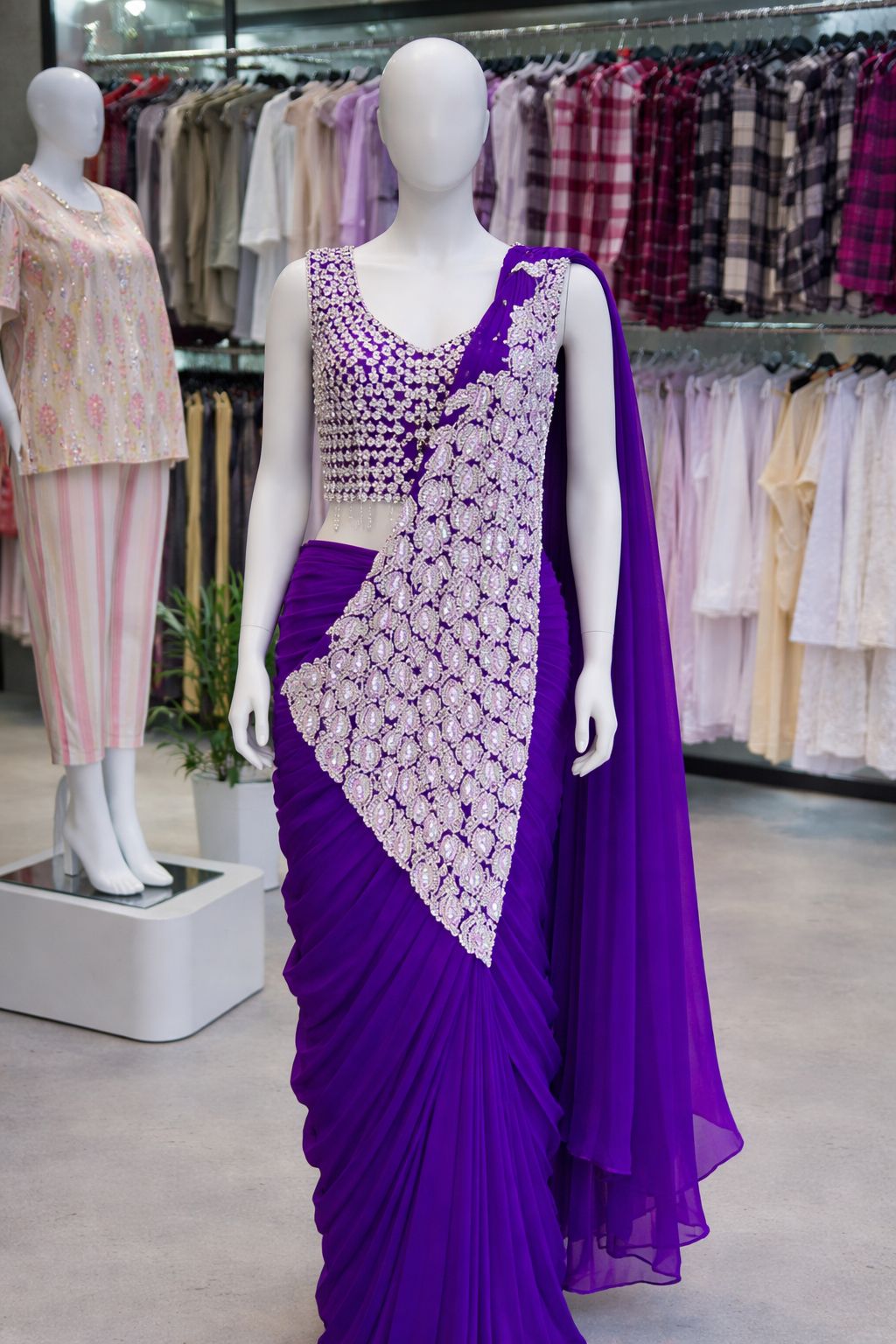 Women's Heavy Georgette Ready-to-Wear Embroidery Sequence Saree with Fully Stitched Blouse
