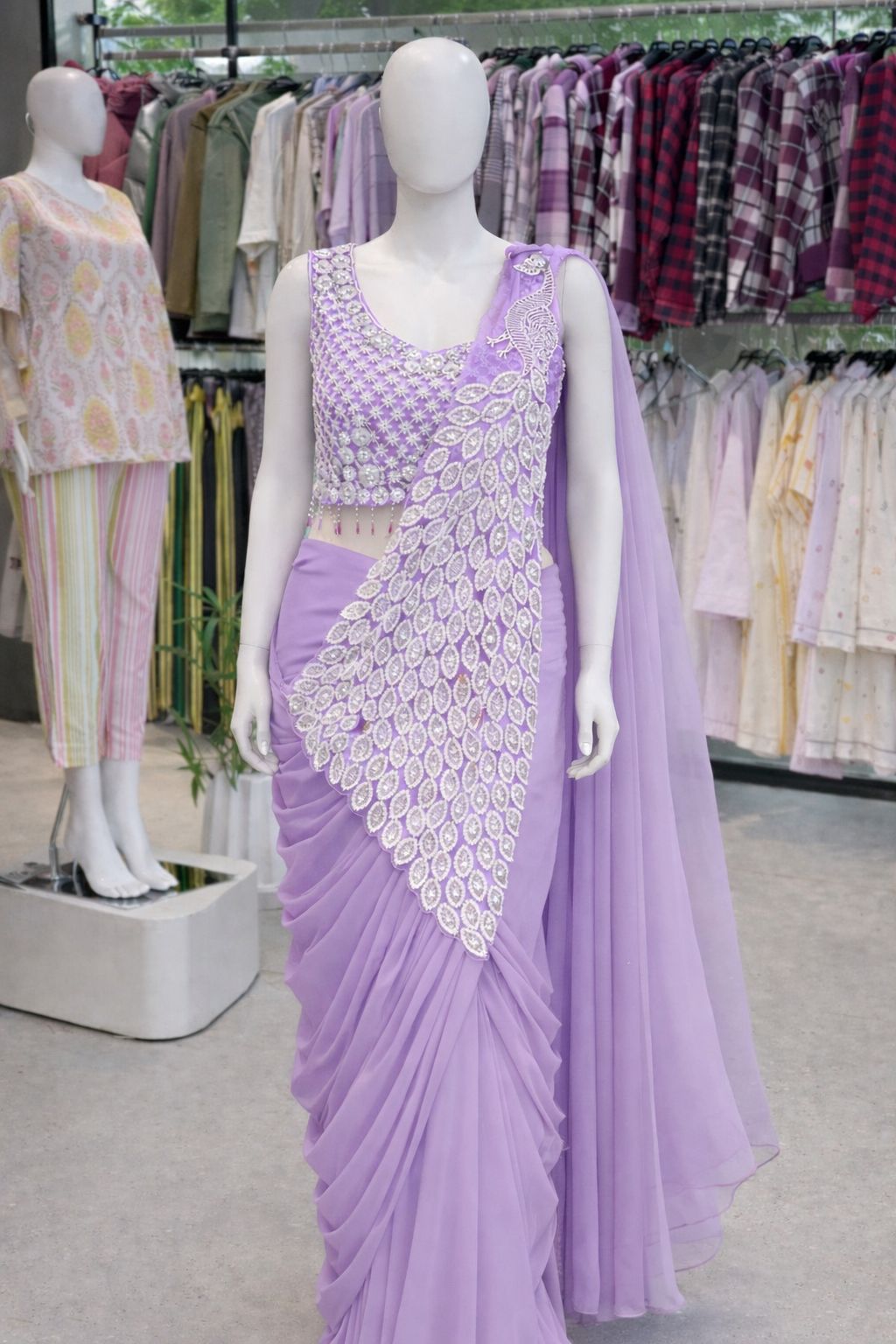 Women's Heavy Georgette Ready-to-Wear Embroidery Sequence Saree with Fully Stitched Blouse