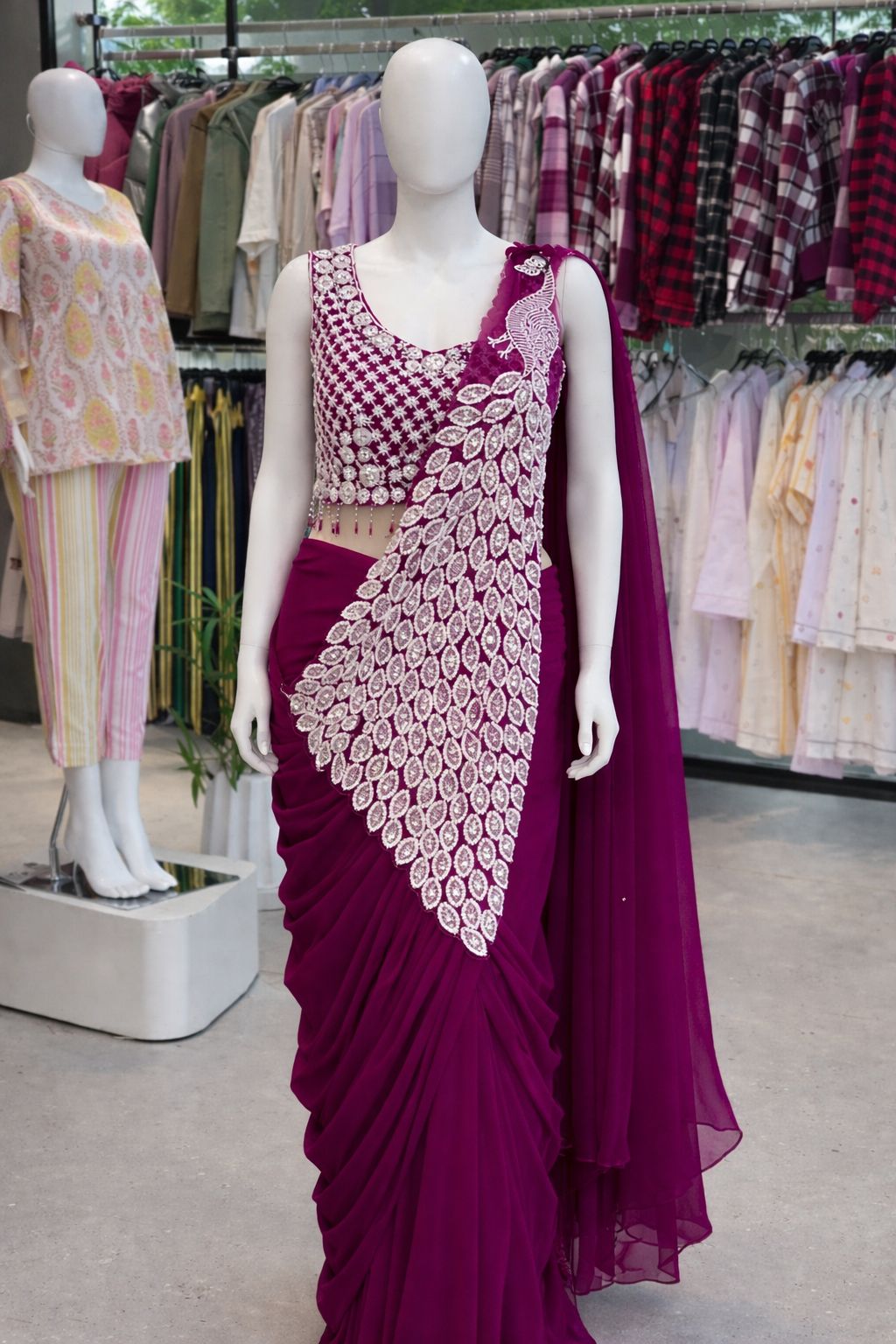 Women's Heavy Georgette Ready-to-Wear Embroidery Sequence Saree with Fully Stitched Blouse