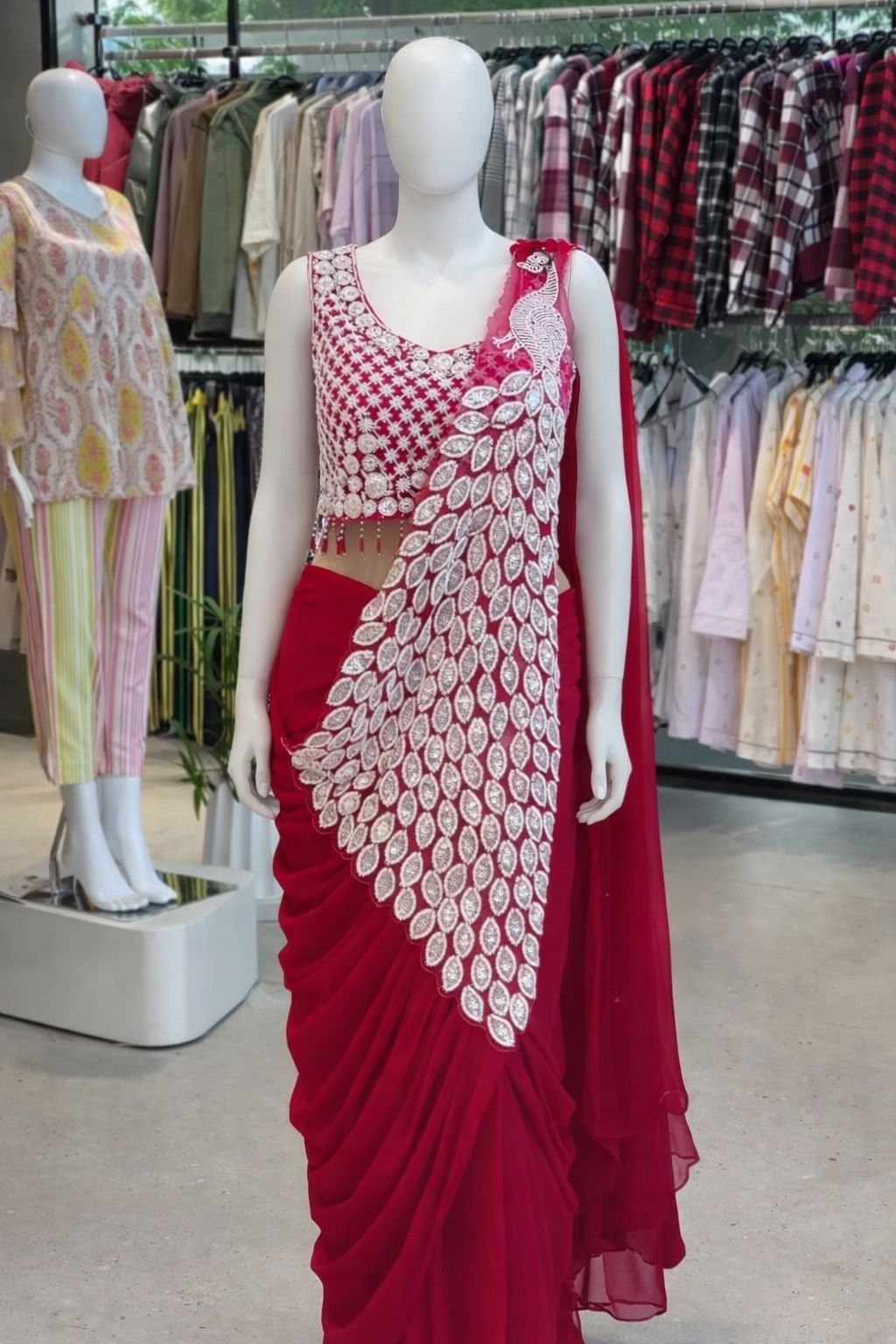 Women's Heavy Georgette Ready-to-Wear Embroidery Sequence Saree with Fully Stitched Blouse