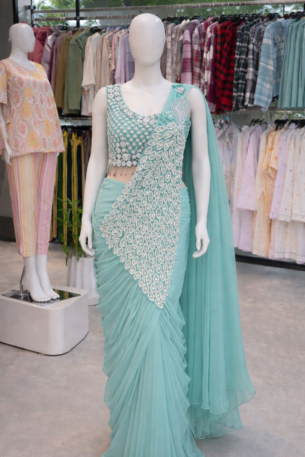 Women's Heavy Georgette Ready-to-Wear Embroidery Sequence Saree with Fully Stitched Blouse