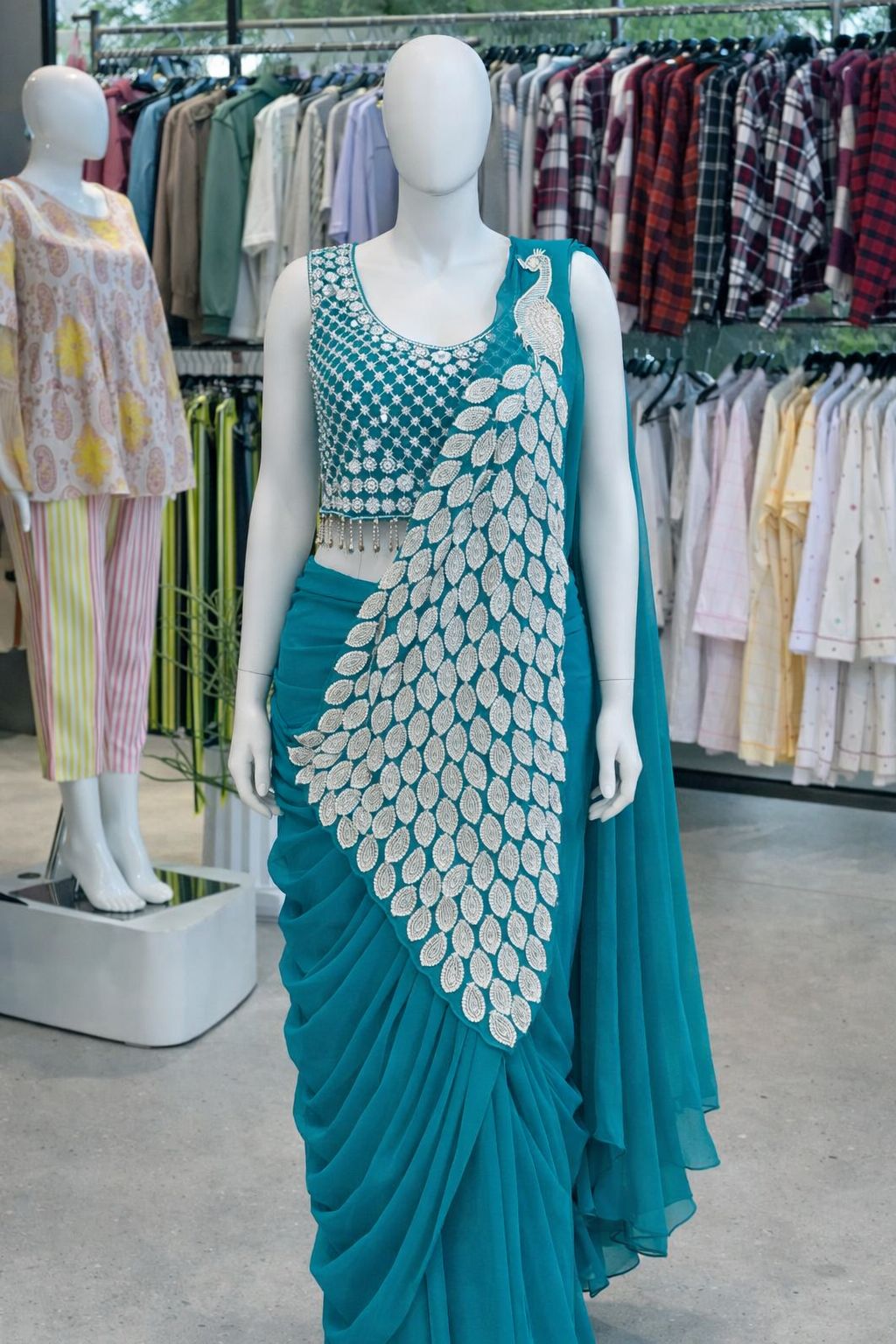 Women's Heavy Georgette Ready-to-Wear Embroidery Sequence Saree with Fully Stitched Blouse