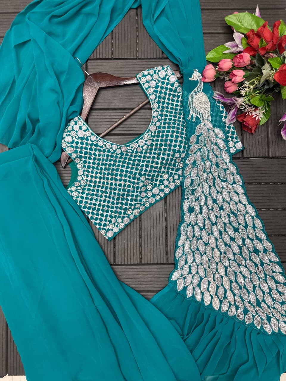 Women's Heavy Georgette Ready-to-Wear Embroidery Sequence Saree with Fully Stitched Blouse