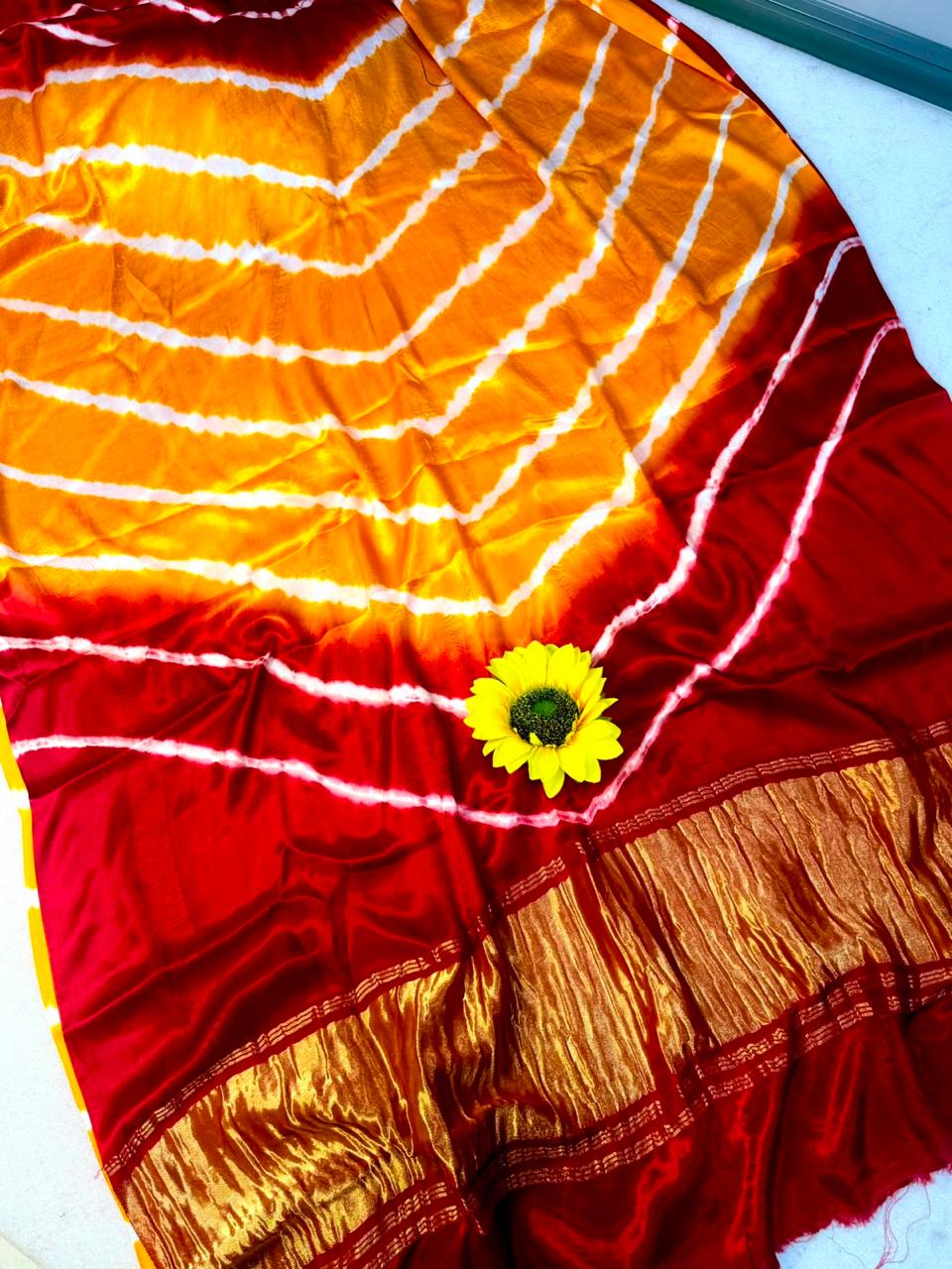 Original Gaji Silk Bandhani Leheriya Saree with Gota Patti Handwork | Pure Model Gaji Silk