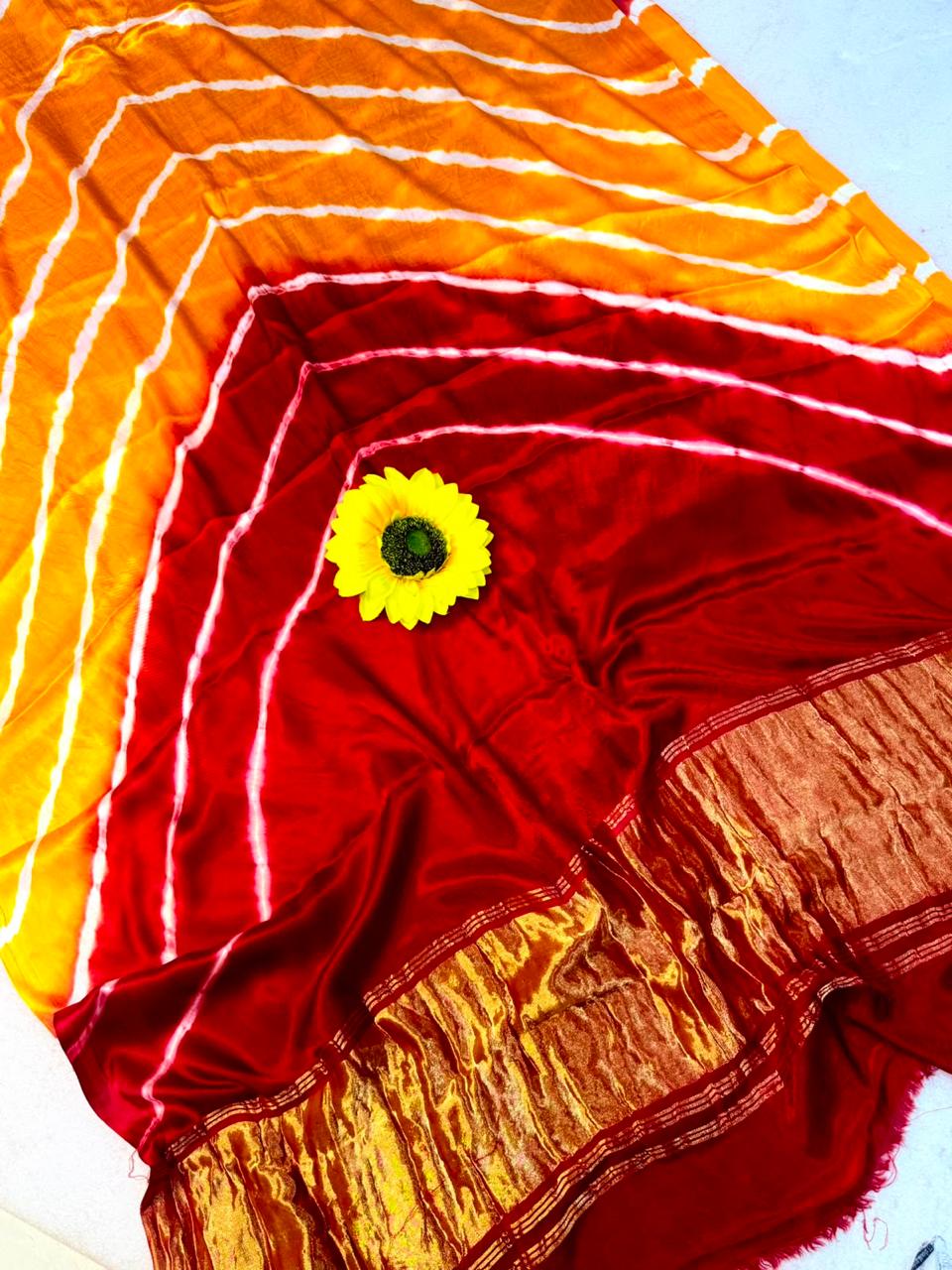 Original Gaji Silk Bandhani Leheriya Saree with Gota Patti Handwork | Pure Model Gaji Silk