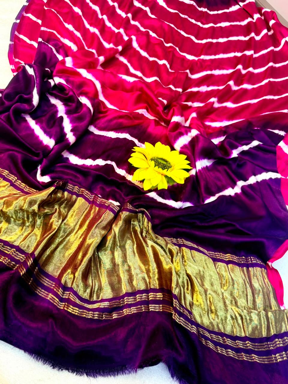 Original Gaji Silk Bandhani Leheriya Saree with Gota Patti Handwork | Pure Model Gaji Silk