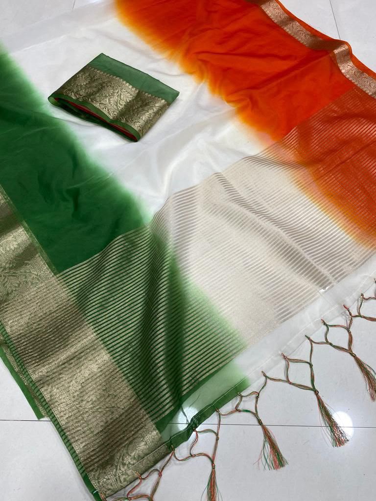 Aaradhya Tricolor Kora Organza Saree with Zari Weaving