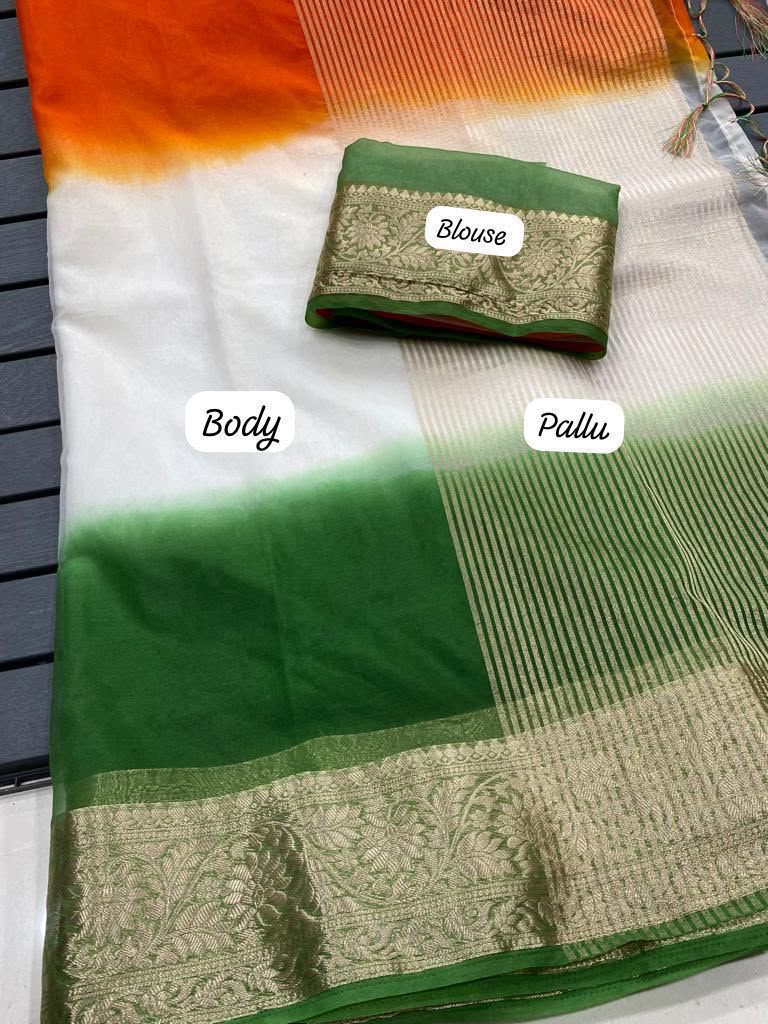 Aaradhya Tricolor Kora Organza Saree with Zari Weaving