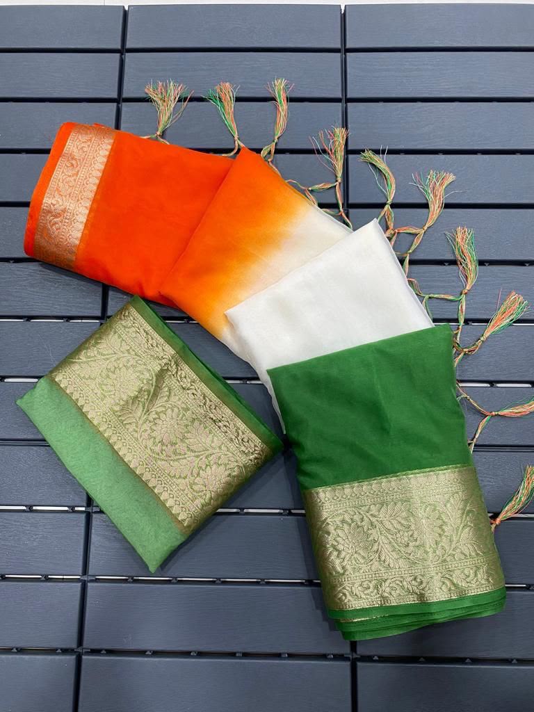 Aaradhya Tricolor Kora Organza Saree with Zari Weaving