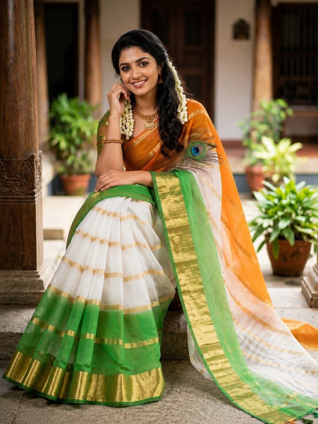 Aaradhya Tricolor Kora Organza Saree with Zari Weaving