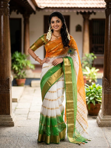 Aaradhya Tricolor Kora Organza Saree with Zari Weaving