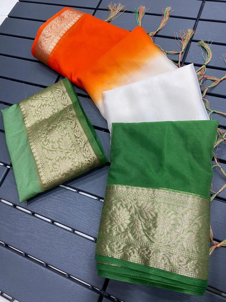 Aaradhya Tricolor Kora Organza Saree with Zari Weaving