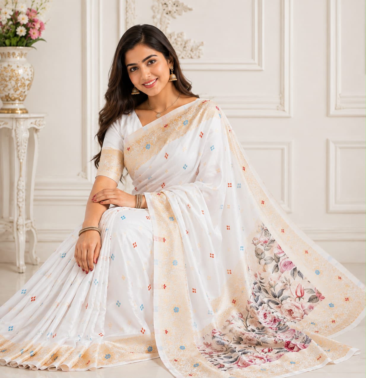Vanya Banarasi Lichi Silk Saree with Floral Pallu & Jacquard Work