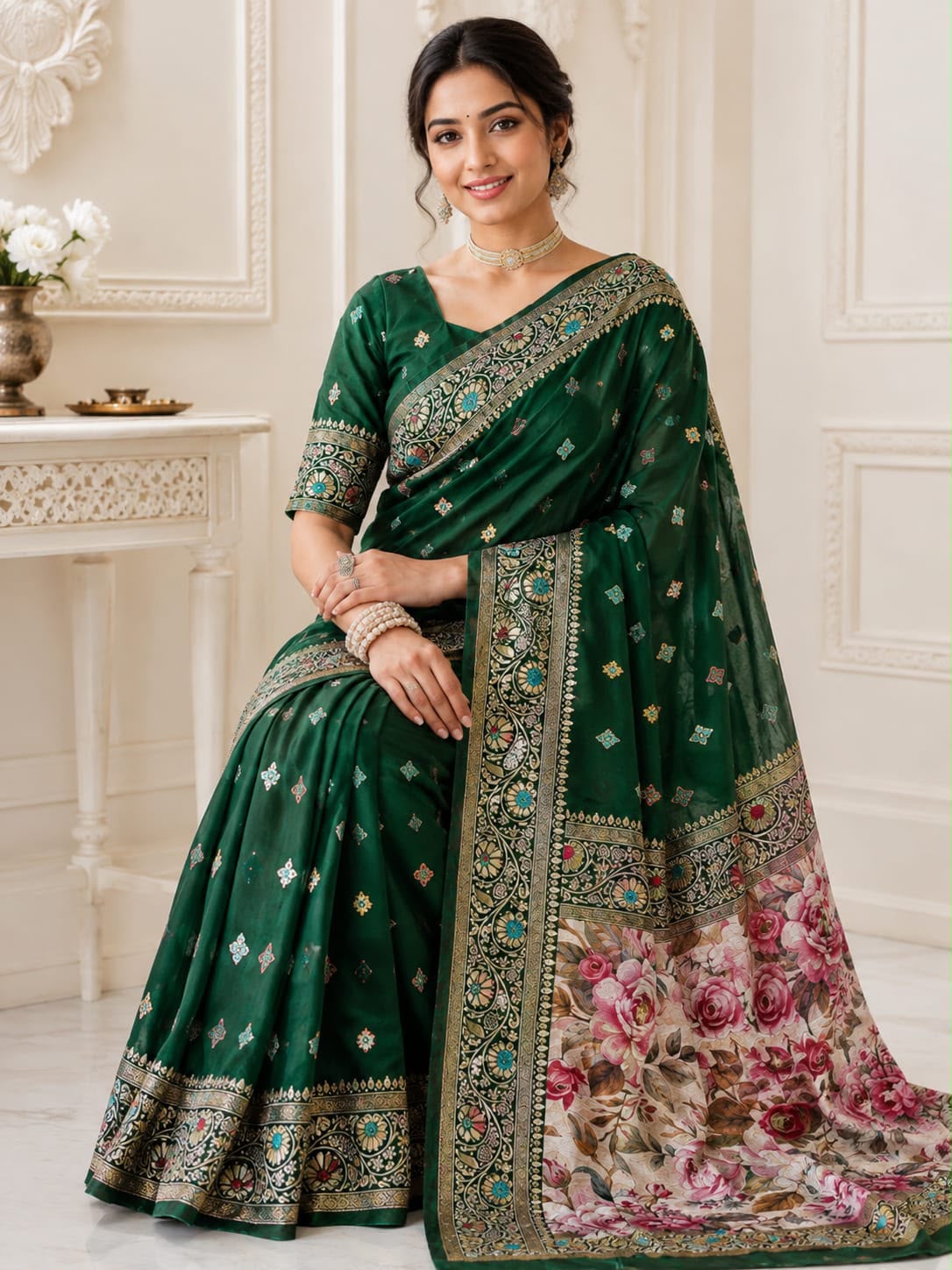 Vanya Banarasi Lichi Silk Saree with Floral Pallu & Jacquard Work