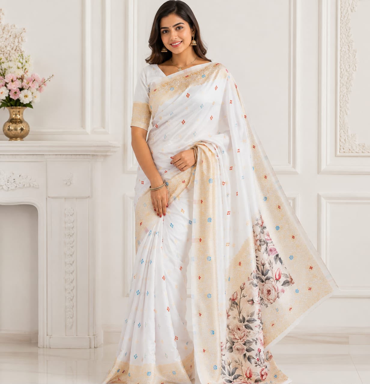 Vanya Banarasi Lichi Silk Saree with Floral Pallu & Jacquard Work
