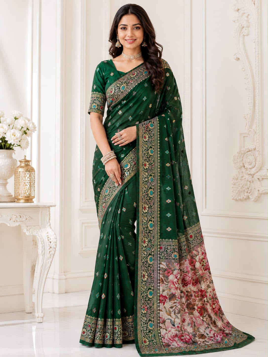 Vanya Banarasi Lichi Silk Saree with Floral Pallu & Jacquard Work