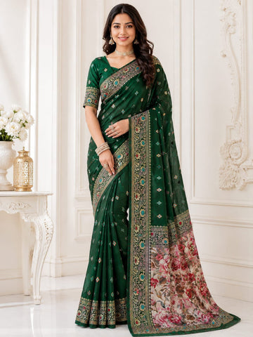 Vanya Banarasi Lichi Silk Saree with Floral Pallu & Jacquard Work