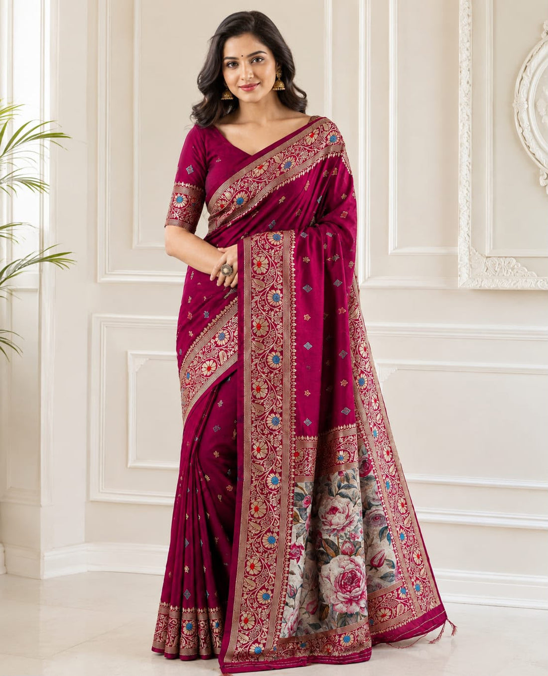 Vanya Banarasi Lichi Silk Saree with Floral Pallu & Jacquard Work