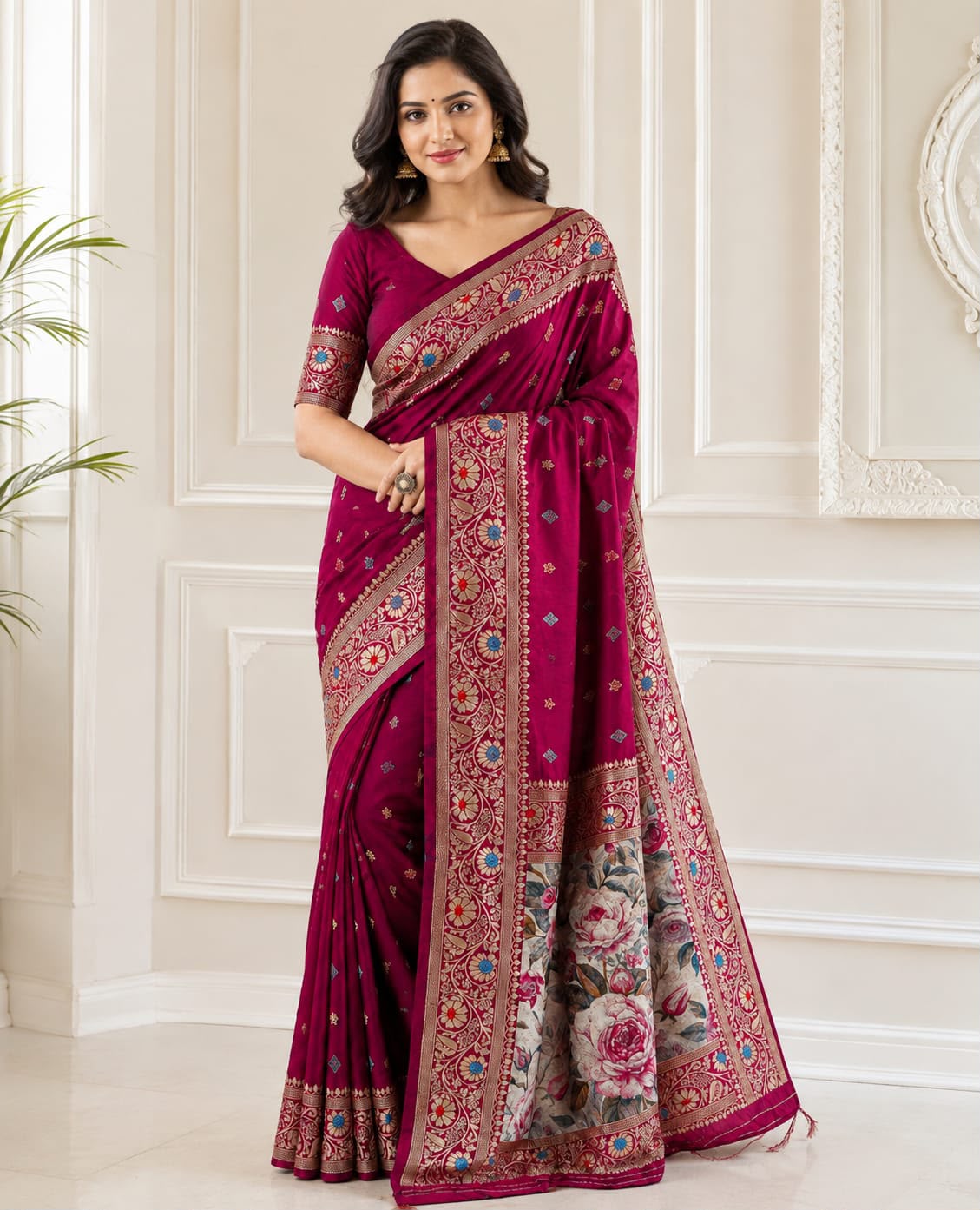 Vanya Banarasi Lichi Silk Saree with Floral Pallu & Jacquard Work