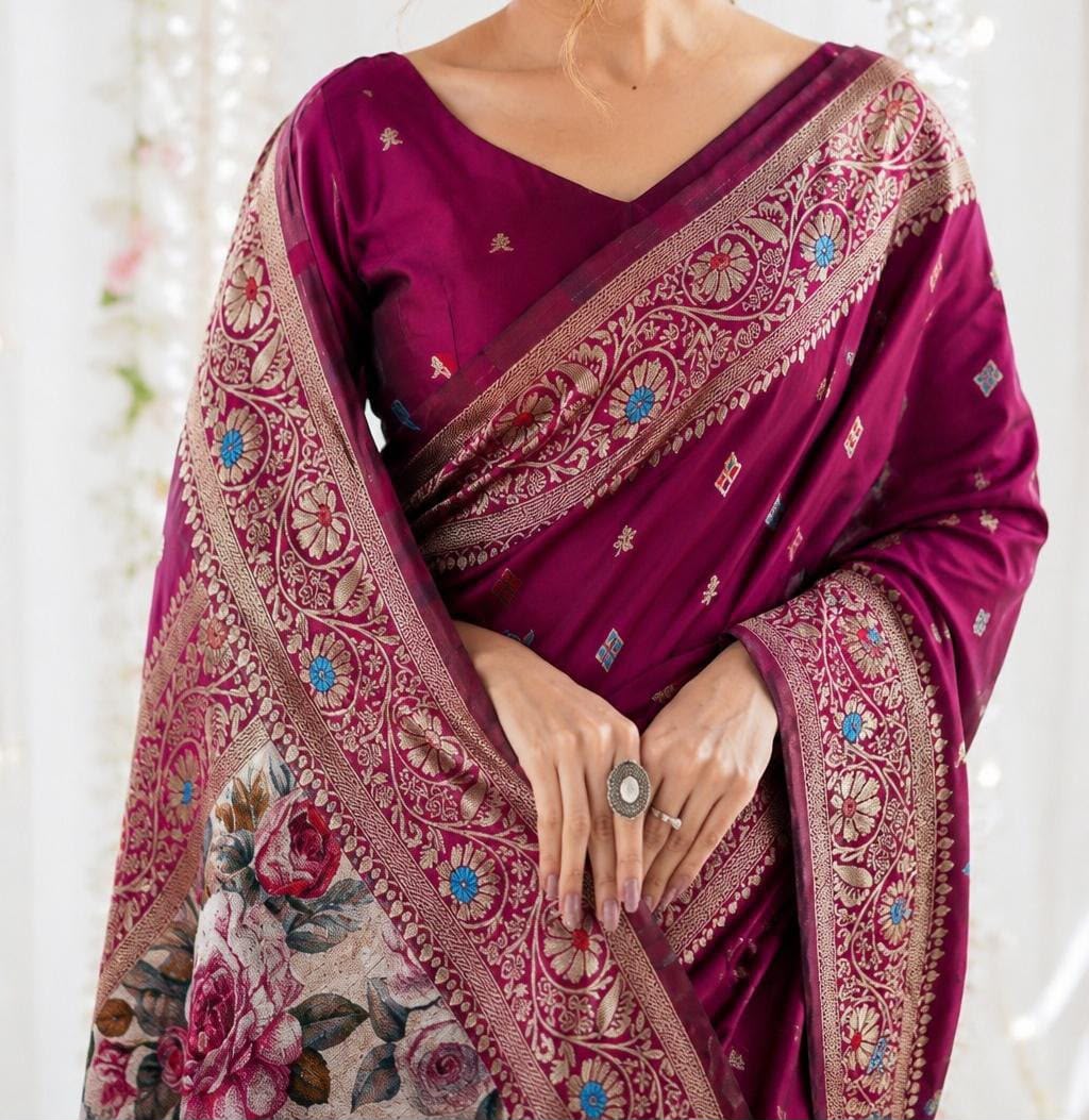 Vanya Banarasi Lichi Silk Saree with Floral Pallu & Jacquard Work