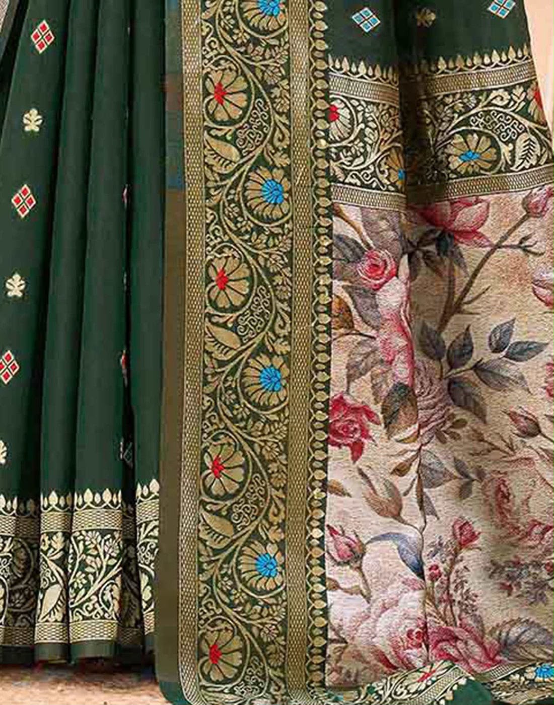 Vanya Banarasi Lichi Silk Saree with Floral Pallu & Jacquard Work
