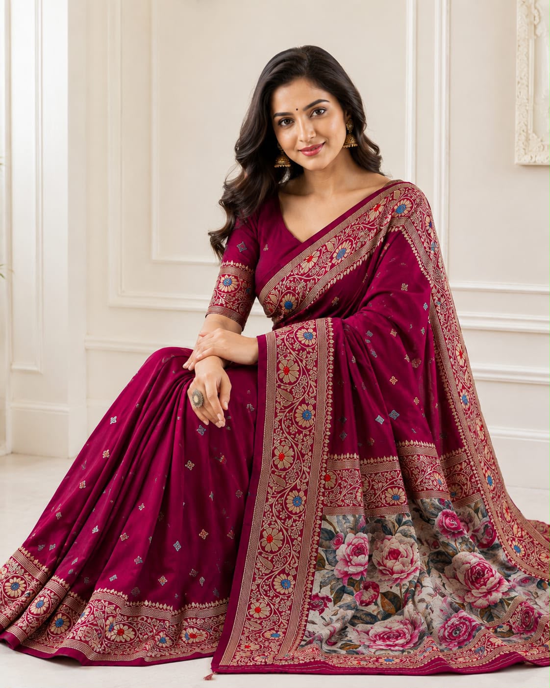 Vanya Banarasi Lichi Silk Saree with Floral Pallu & Jacquard Work