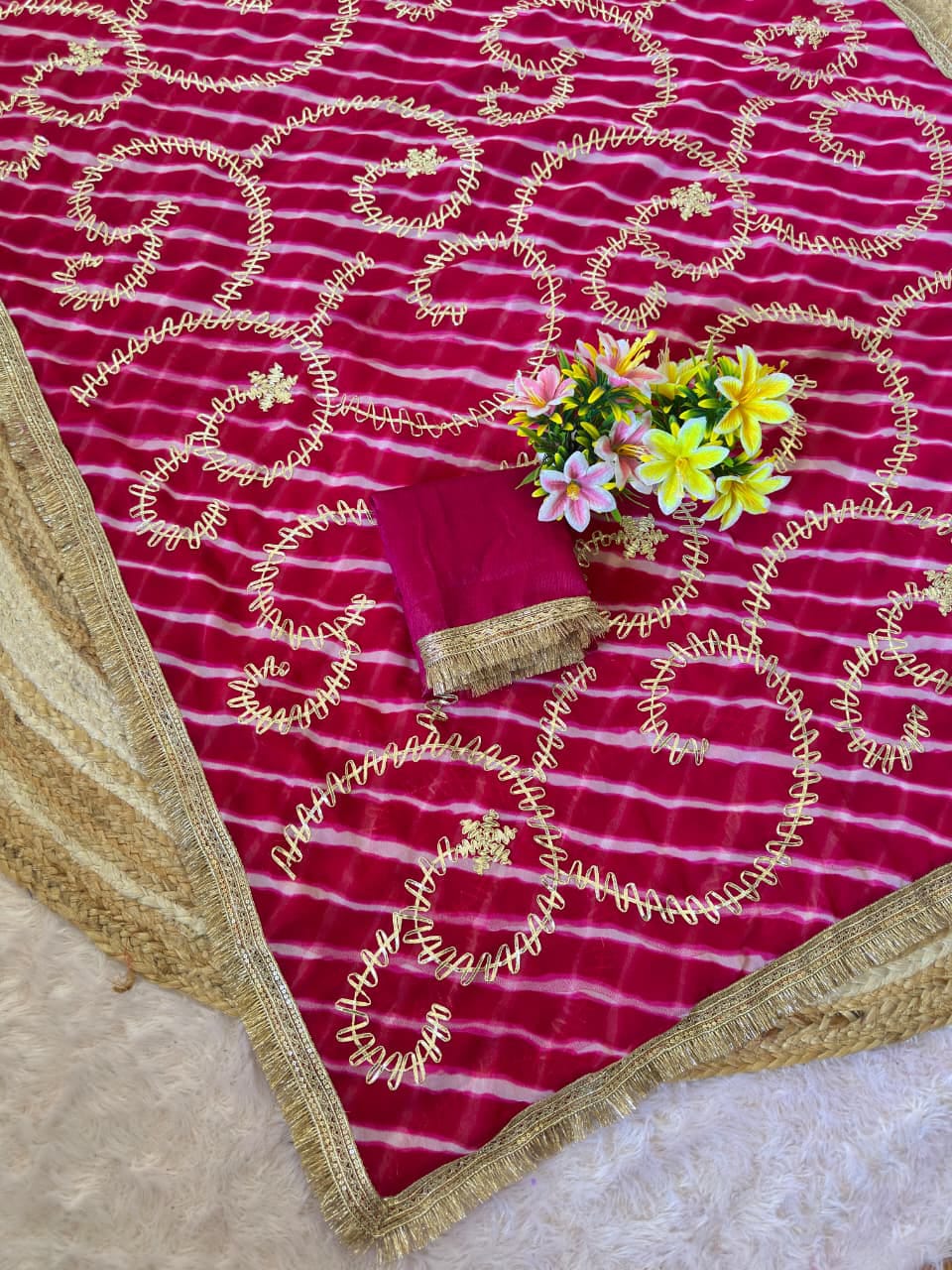 Leriya Bandhani Georgette Saree with Gota Embroidery Work | Mono Silk Blouse | D No P.1149