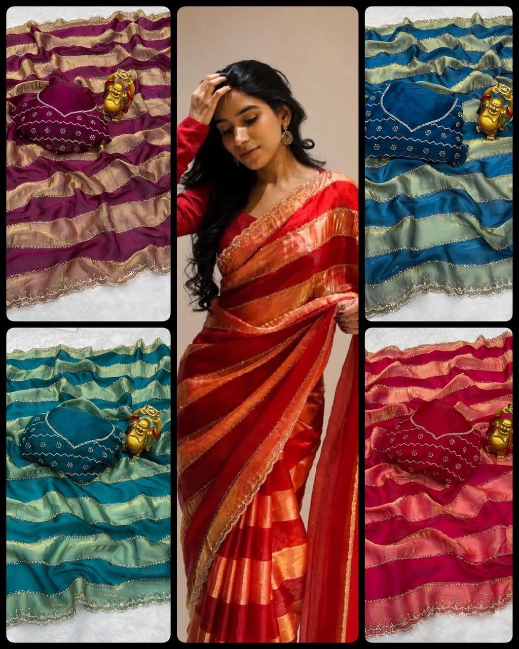 Designer Organza Silk Stripe Saree with Zari Border & Stone Work Blouse | Party Wear Saree