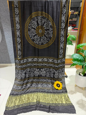 Pure Gajji Silk Ajrakh Bandhani Saree with Traditional Lagdi Border | Heavy Soft Gajji Silk | Festival, Wedding & Party Wear