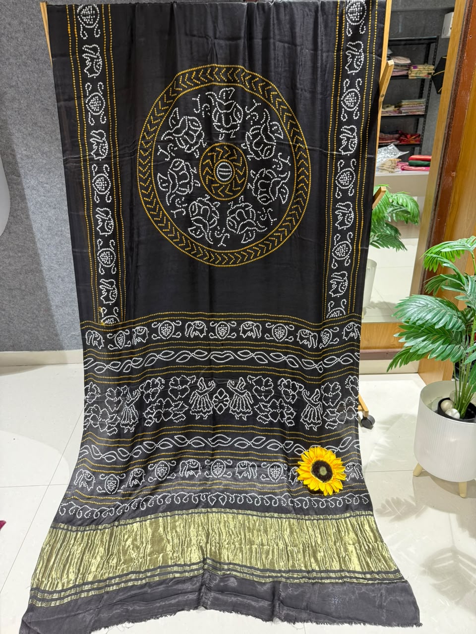 Pure Gajji Silk Ajrakh Bandhani Saree with Traditional Lagdi Border | Heavy Soft Gajji Silk | Festival, Wedding & Party Wear