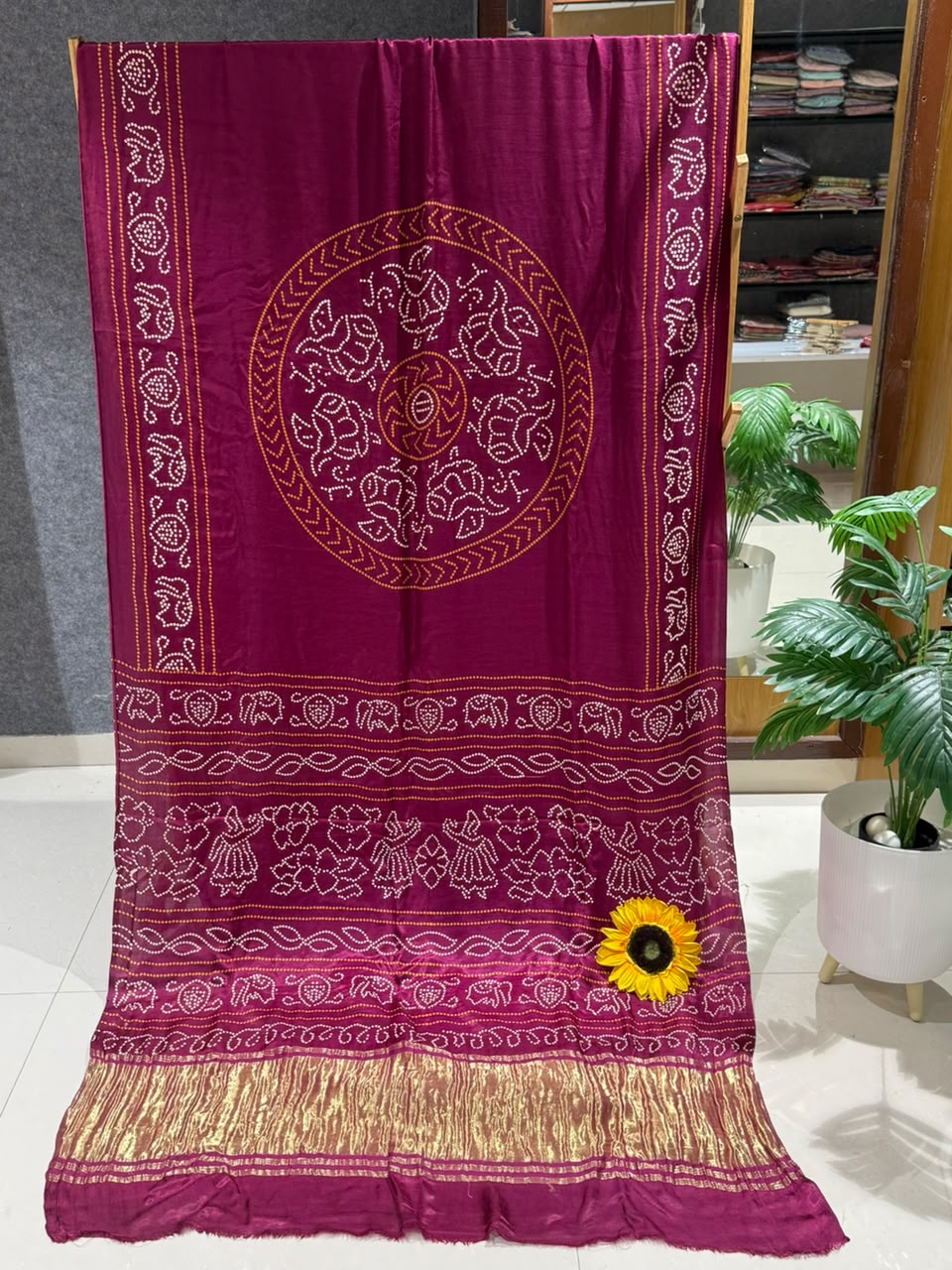 Pure Gajji Silk Ajrakh Bandhani Saree with Traditional Lagdi Border | Heavy Soft Gajji Silk | Festival, Wedding & Party Wear