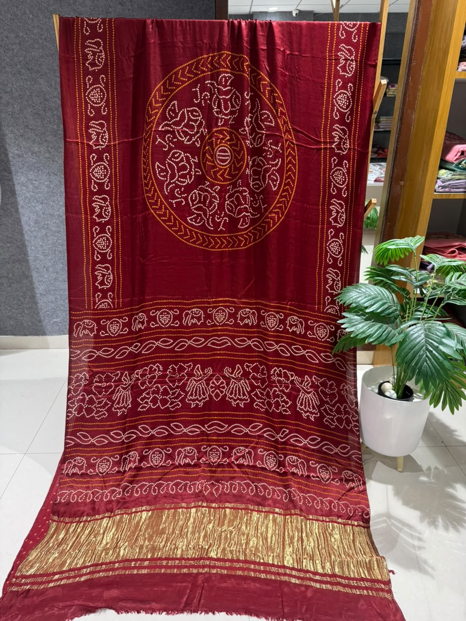 Pure Gajji Silk Ajrakh Bandhani Saree with Traditional Lagdi Border | Heavy Soft Gajji Silk | Festival, Wedding & Party Wear