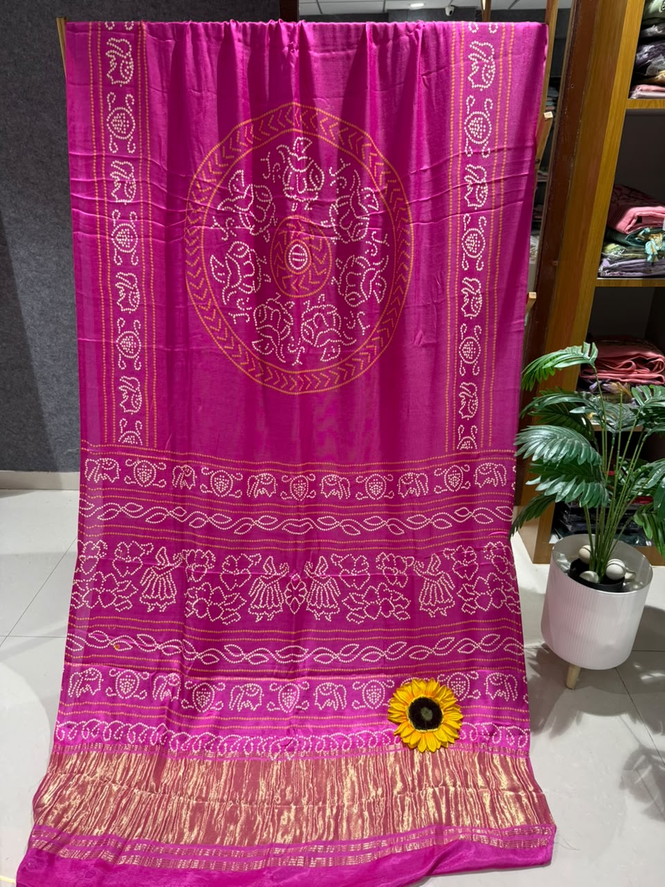 Pure Gajji Silk Ajrakh Bandhani Saree with Traditional Lagdi Border | Heavy Soft Gajji Silk | Festival, Wedding & Party Wear