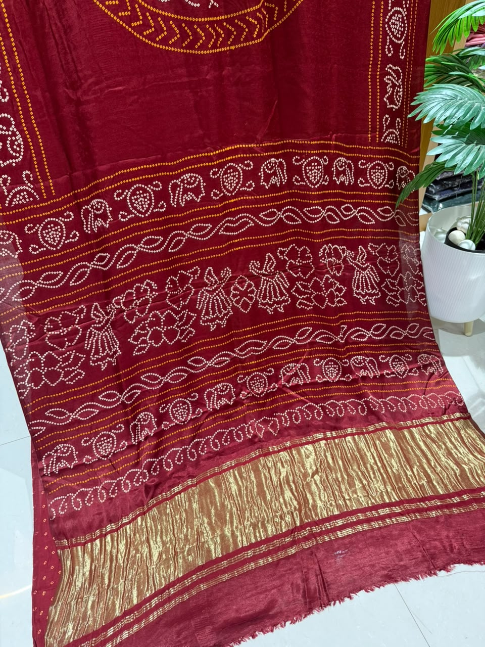Pure Gajji Silk Ajrakh Bandhani Saree with Traditional Lagdi Border | Heavy Soft Gajji Silk | Festival, Wedding & Party Wear