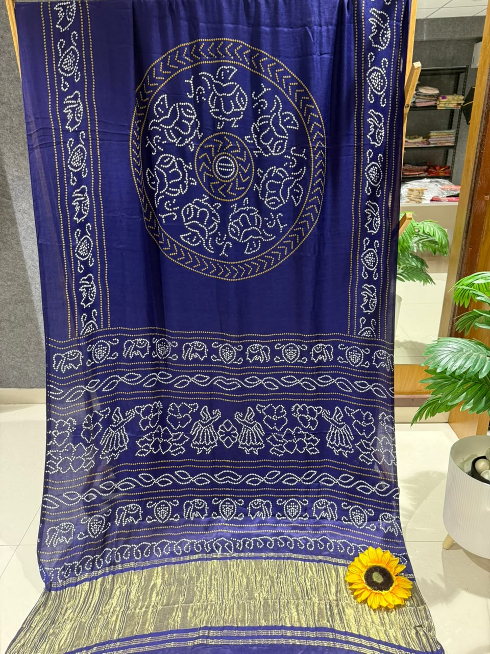 Pure Gajji Silk Ajrakh Bandhani Saree with Traditional Lagdi Border | Heavy Soft Gajji Silk | Festival, Wedding & Party Wear