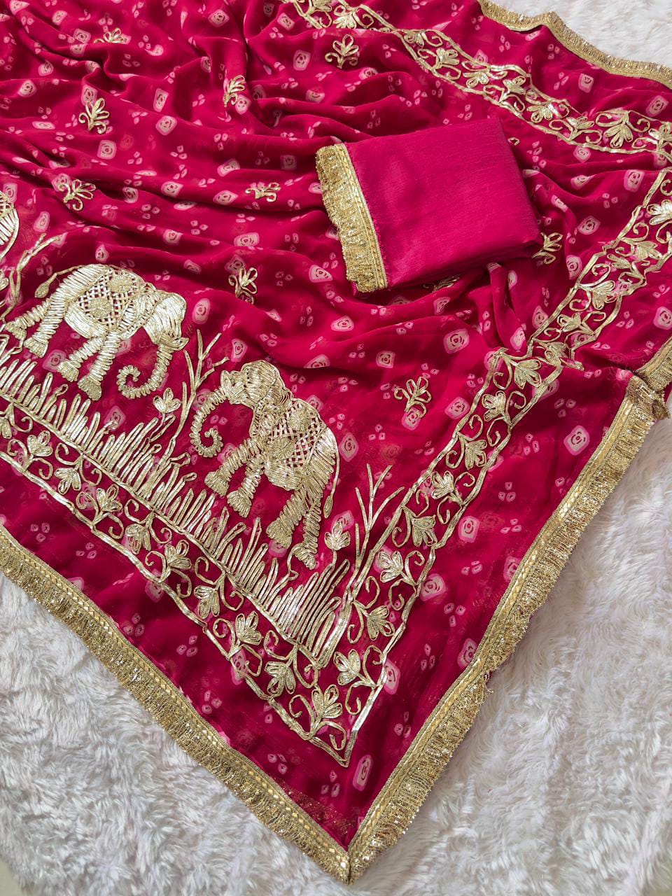 Premium Elephant Embroidered Bandhani Saree with Golden Gota Patti Border & Matching Blouse | Festive & Wedding Wear