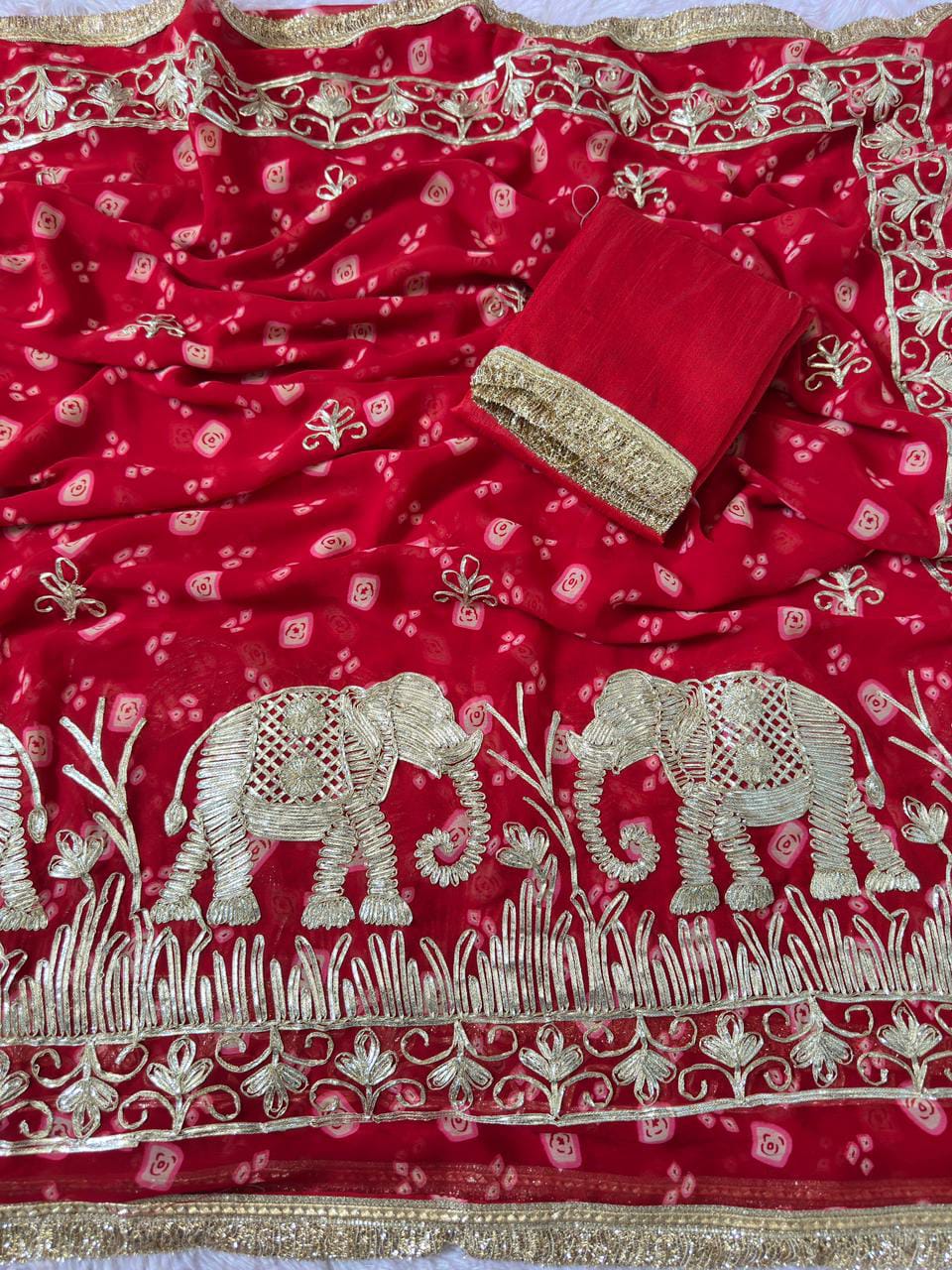 Premium Elephant Embroidered Bandhani Saree with Golden Gota Patti Border & Matching Blouse | Festive & Wedding Wear