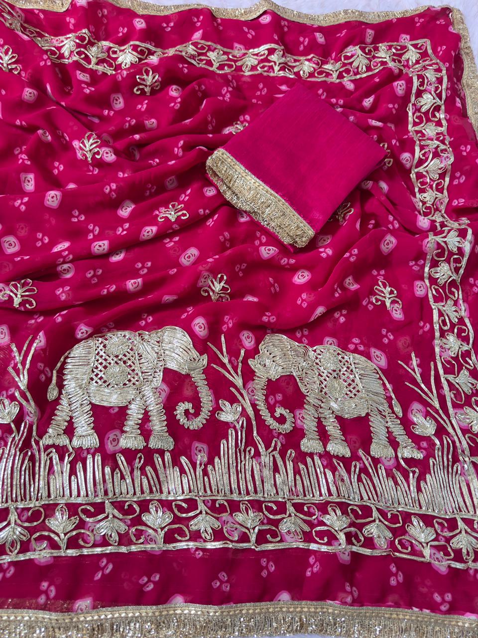 Premium Elephant Embroidered Bandhani Saree with Golden Gota Patti Border & Matching Blouse | Festive & Wedding Wear