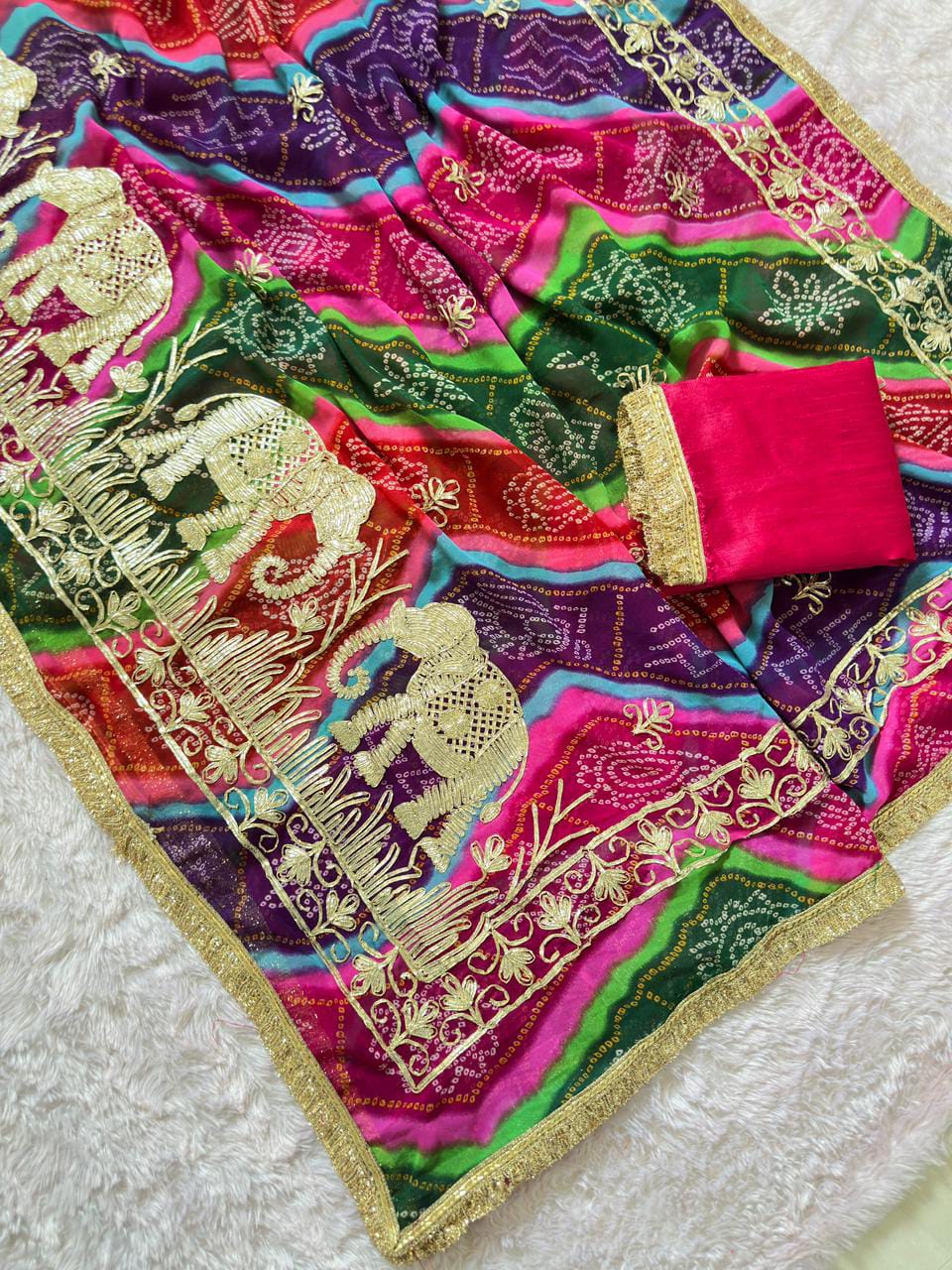 Premium Elephant Embroidered Bandhani Saree with Golden Gota Patti Border & Matching Blouse | Festive & Wedding Wear