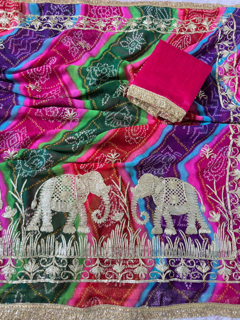 Premium Elephant Embroidered Bandhani Saree with Golden Gota Patti Border & Matching Blouse | Festive & Wedding Wear