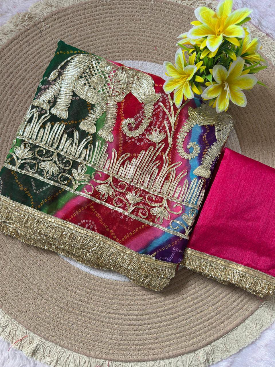 Premium Elephant Embroidered Bandhani Saree with Golden Gota Patti Border & Matching Blouse | Festive & Wedding Wear