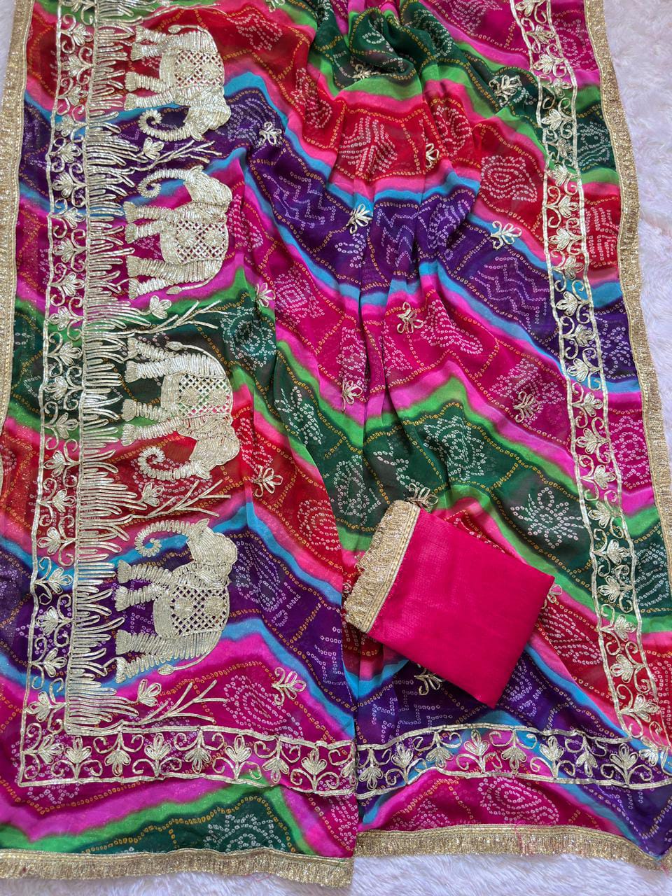 Premium Elephant Embroidered Bandhani Saree with Golden Gota Patti Border & Matching Blouse | Festive & Wedding Wear