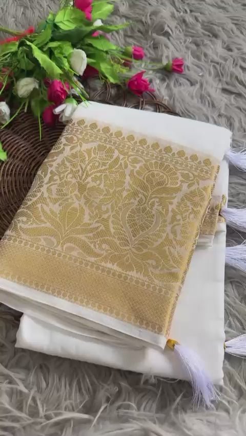Kerala Cotton Onam Special Saree 2026 | Premium White Kerala Cotton Saree with Golden Kasavu Border & Tassels